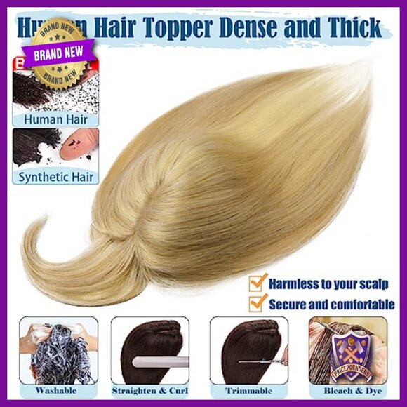 10 Inch Human Hair Topper with Bangs for Thinning Hair, Clip-In Hairpiece